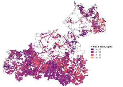 Karte sarkanā un violetā krāsā, kas attēlo nitrātu slāpekli 0-30 cm slānī
