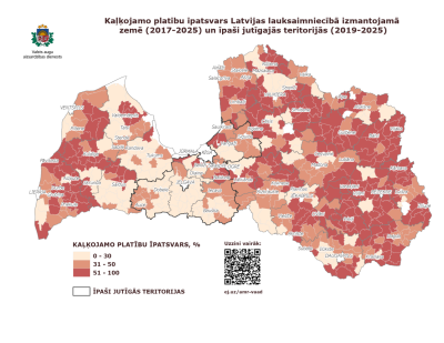 Latvijas karte ar dažāda spilgtuma krāsojumu, kas attēlo kaļķojamo platību īpatsvaru