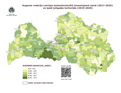 Latvijas karte, dažādās tonalitātēs zaļā krāsā, atbilstoši augsnes reakcijai.