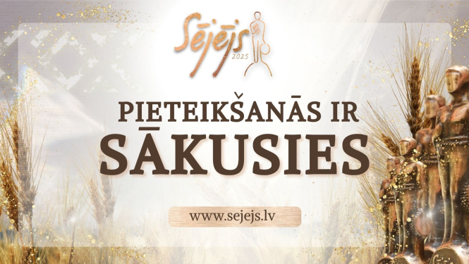 Fonā sējēja balvas statujas vizualizācija, priekšplānā teksts par pieteikšanos