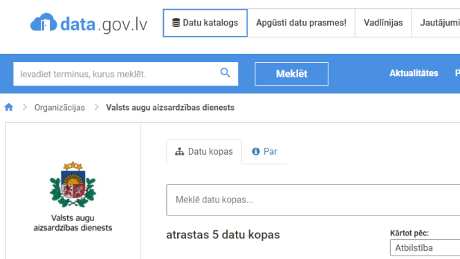 Ekrānšāviņš no Latvijas atvērto datu portāla lapas