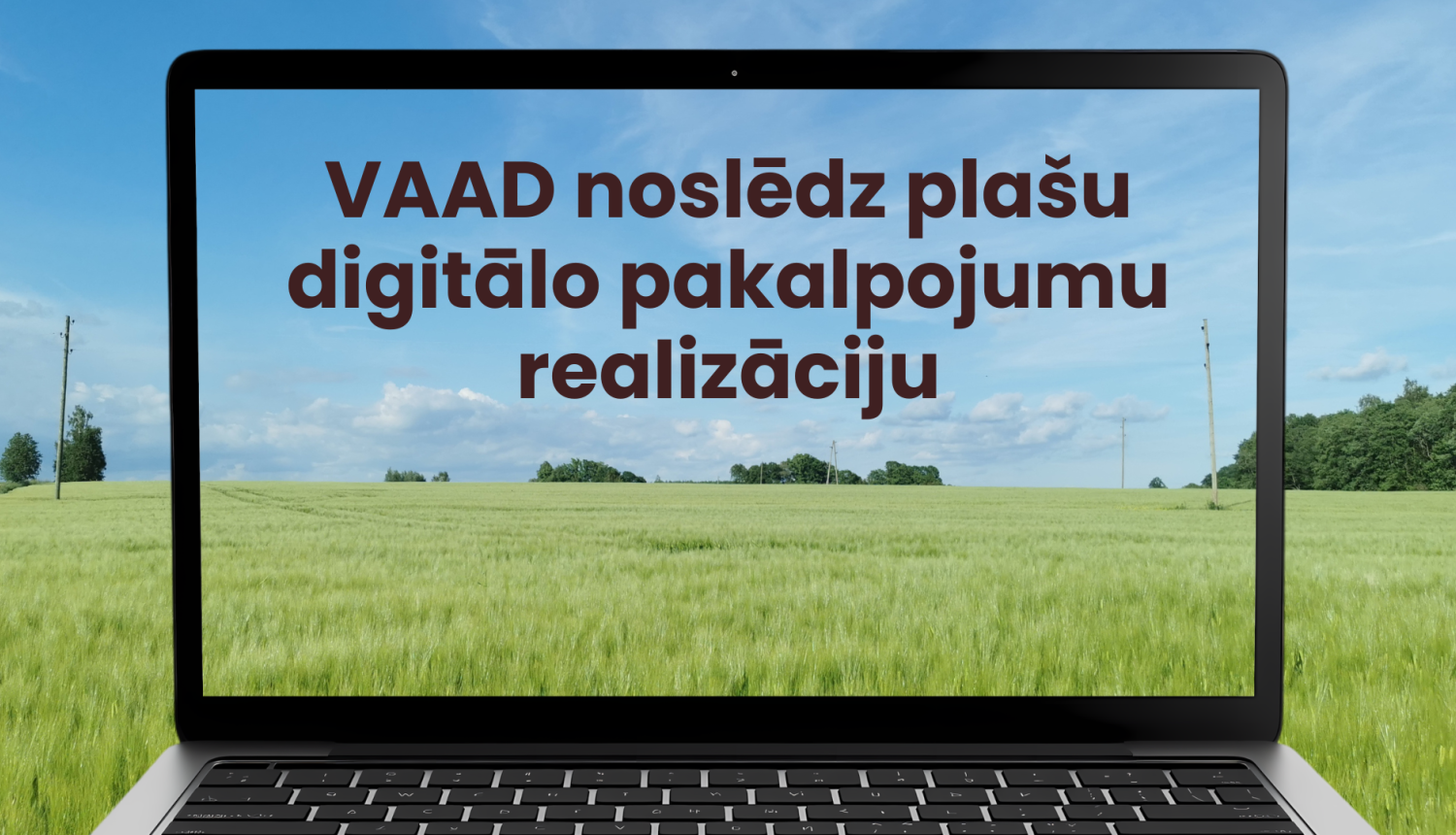 Caur caurspīdīgu klēpjdatora ekrānu redzama labības lauku ainava