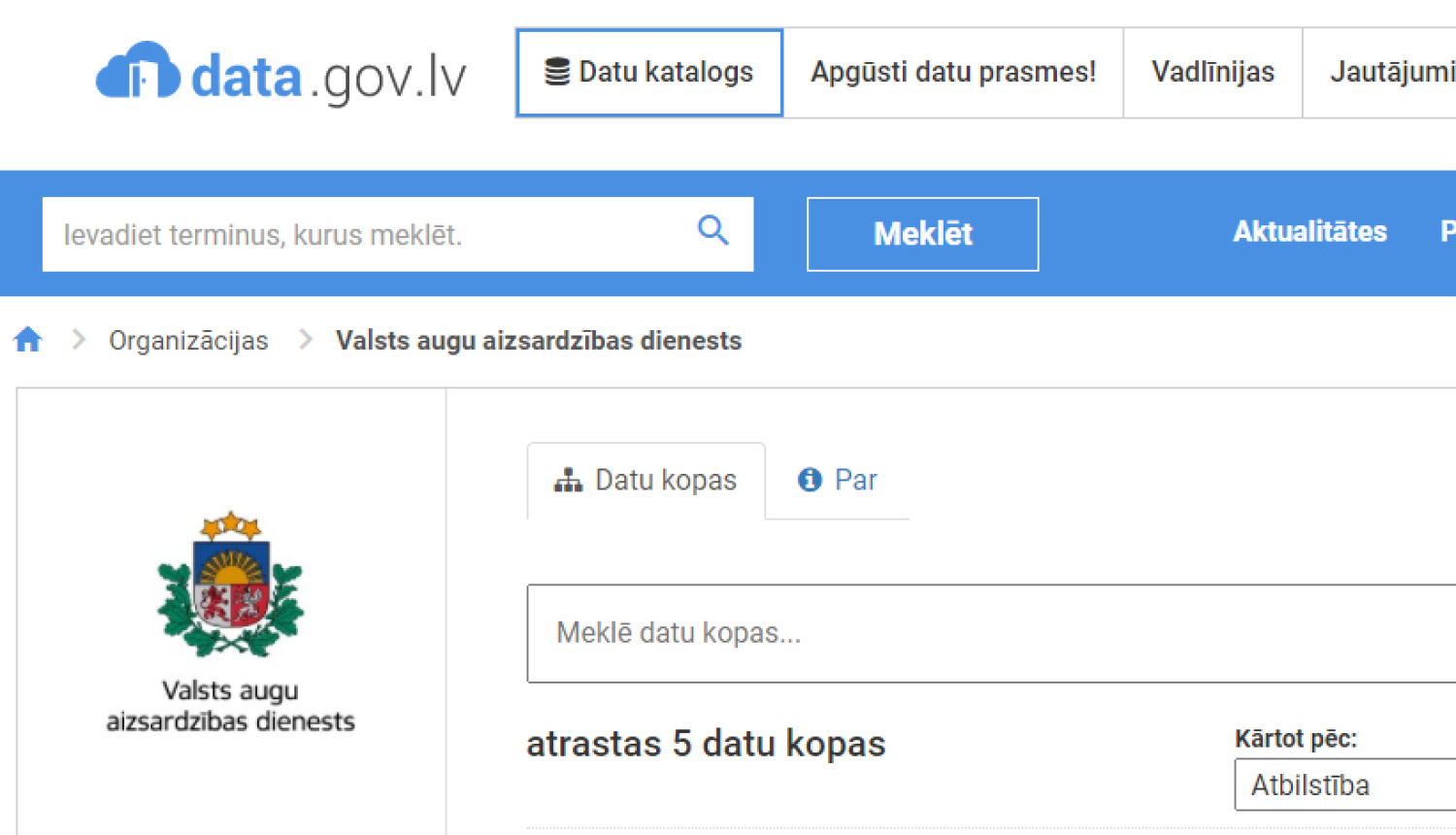 Ekrānšāviņš no Latvijas atvērto datu portāla lapas