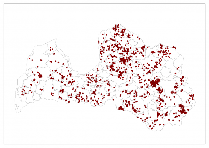Latvāņu mērījumu vietas Latvijas kartē