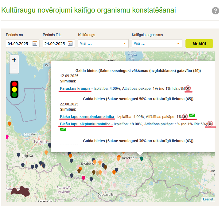 Kultūraugu novērojumu kaitīgo organismu konstatēšanas karte.