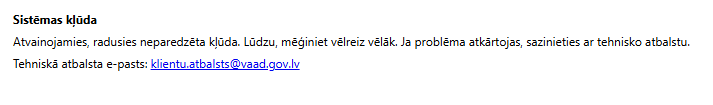 Sistēmas kļūdas loga teksts.