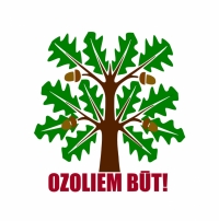 Stilizēts ozola zīmējums ar uzrakstu "Ozoliem būt!"