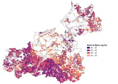 Karte violetā un oranžā krāsā, kas attēlo minerālo slāpekli 0-60 cm slānī