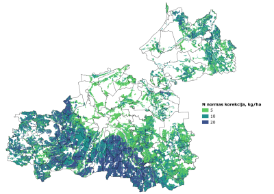 Karte zilā un zaļā krāsā, kas attēlo slāpekļa normas korekcijas