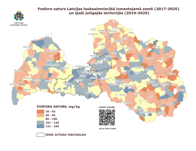 Latvijas karte ar dažādās tonalitātēs iekrāsotiem pagastiem, kas attēlo fosfora saturu augsnēs