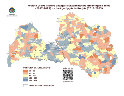 Latvijas karte dažādas tonalitātes krāsās, kas vizualizē fosfora saturu augsnē dažādos reģionos.
