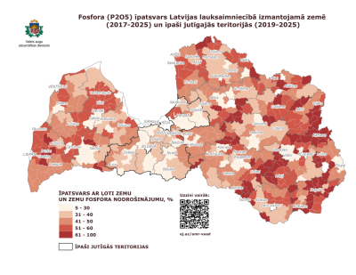 Latvijas karte dažādas tonalitātes brūnās krāsās, kas vizualizē fosfora īpatsvaru.