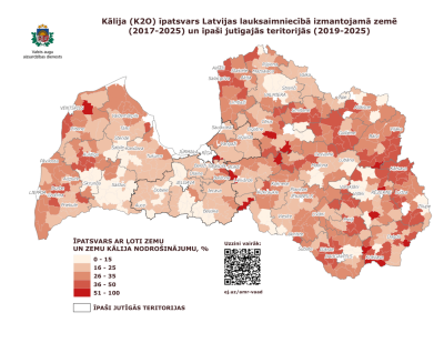 Latvijas karte dažādas tonalitātes brūnās krāsās, kas vizualizē kālija īpatsvaru.