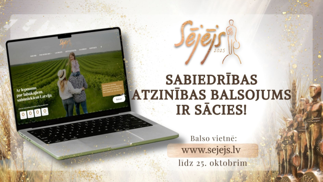Atvērts klēpjdators. Teksts ar aicinājumu balsot. Logotips "Sējējs 2025".