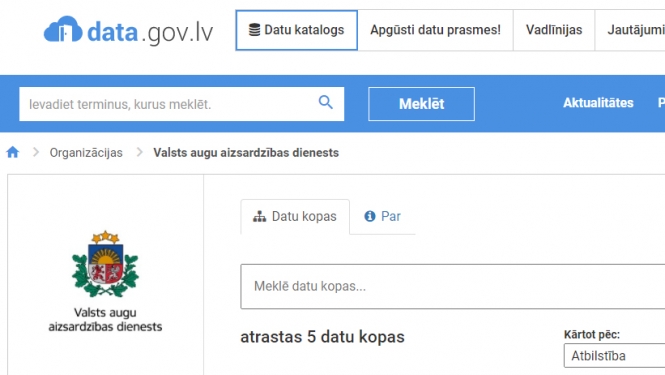 Ekrānšāviņš no Latvijas atvērto datu portāla lapas