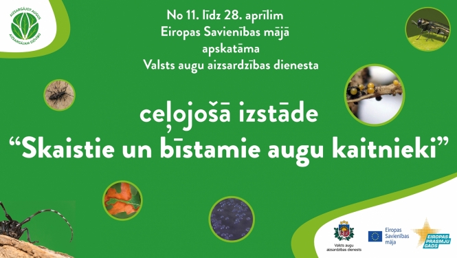  Izstādes afiša. Uzraksts “Skaistie un bīstamie augu kaitnieki”. Uz zaļa fona izvietotos attēlos redzami dažādi kaitēkļi.