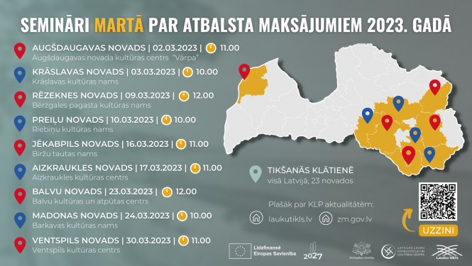 Semināru grafiks ar vietu piesaistēm uz Latvijas kartes