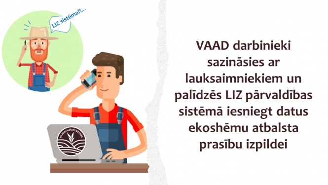 zimēti cilvēki, lauksaimnieks ar telefonu un cilvēks pie datora ar telefonu, uz datora LIZ PS logo, ziņas virsraksta teksts