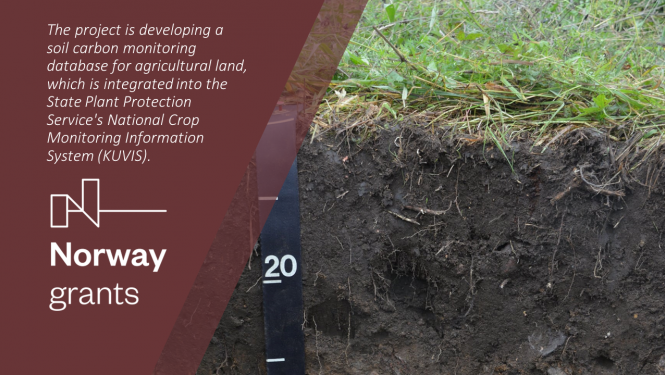 Photo of Soil. Text: The project is developing a soil carbon monitoring database for agricultural land, which is integrated into the State Plant Protection Service's National Crop Monitoring Information System (KUVIS). Norway Grants logo.