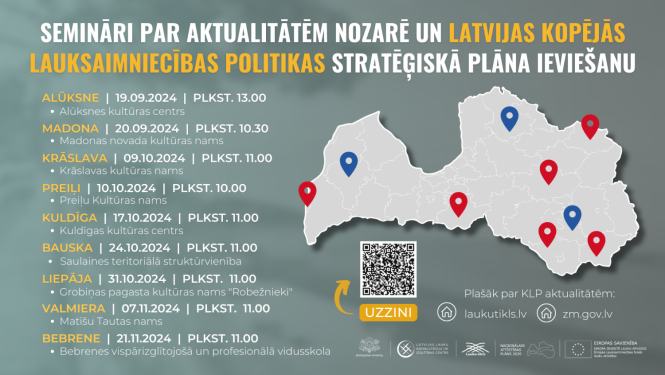 Vizualizācija - semināru vietas un datumi uz Latvijas kartes kontūras