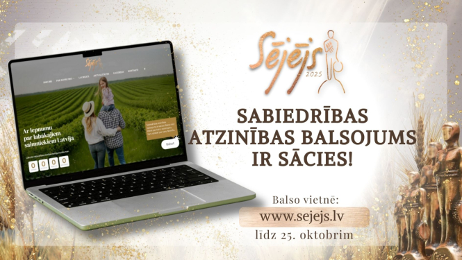 Atvērts klēpjdators. Teksts ar aicinājumu balsot. Logotips "Sējējs 2025".