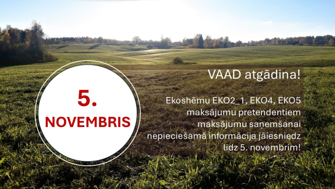 Lauka ainava fonā, atgādinājuma teksts par datu iesniegšanu, aplī izcelts 5. novembris