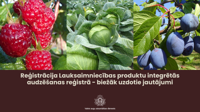 Augšdaļā avenes, kāposti un plūmes kolāžā, apakšdaļā teksts par integretās audzēšanas reģistru