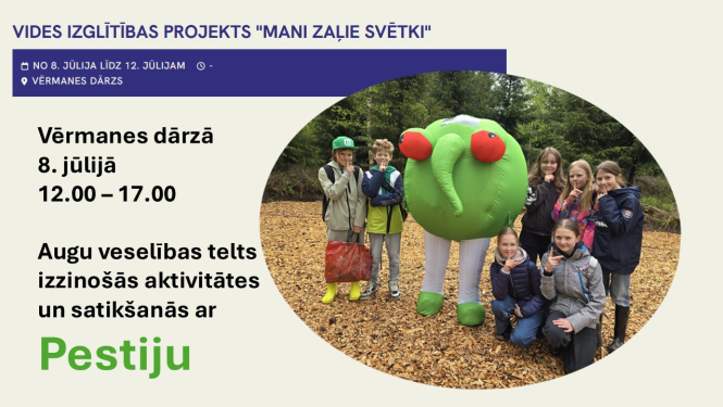 Bērnu grupa ar Pestiju centrā un teksts par pasākumu