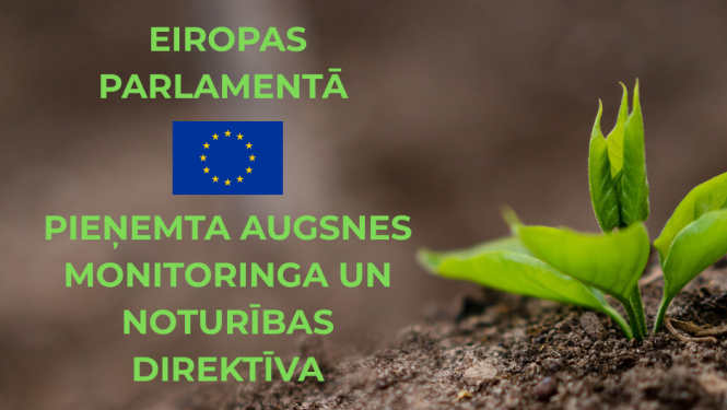 Fonā augsnes tuvplāns ar mazu zaļu audziņu un ziņas virsraksta teksts