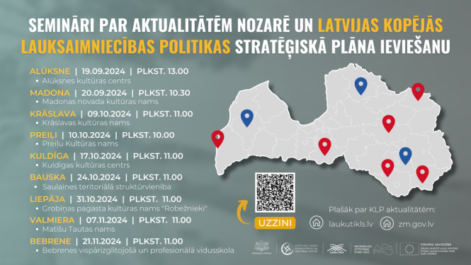 Vizualizācija - semināru vietas un datumi uz Latvijas kartes kontūras