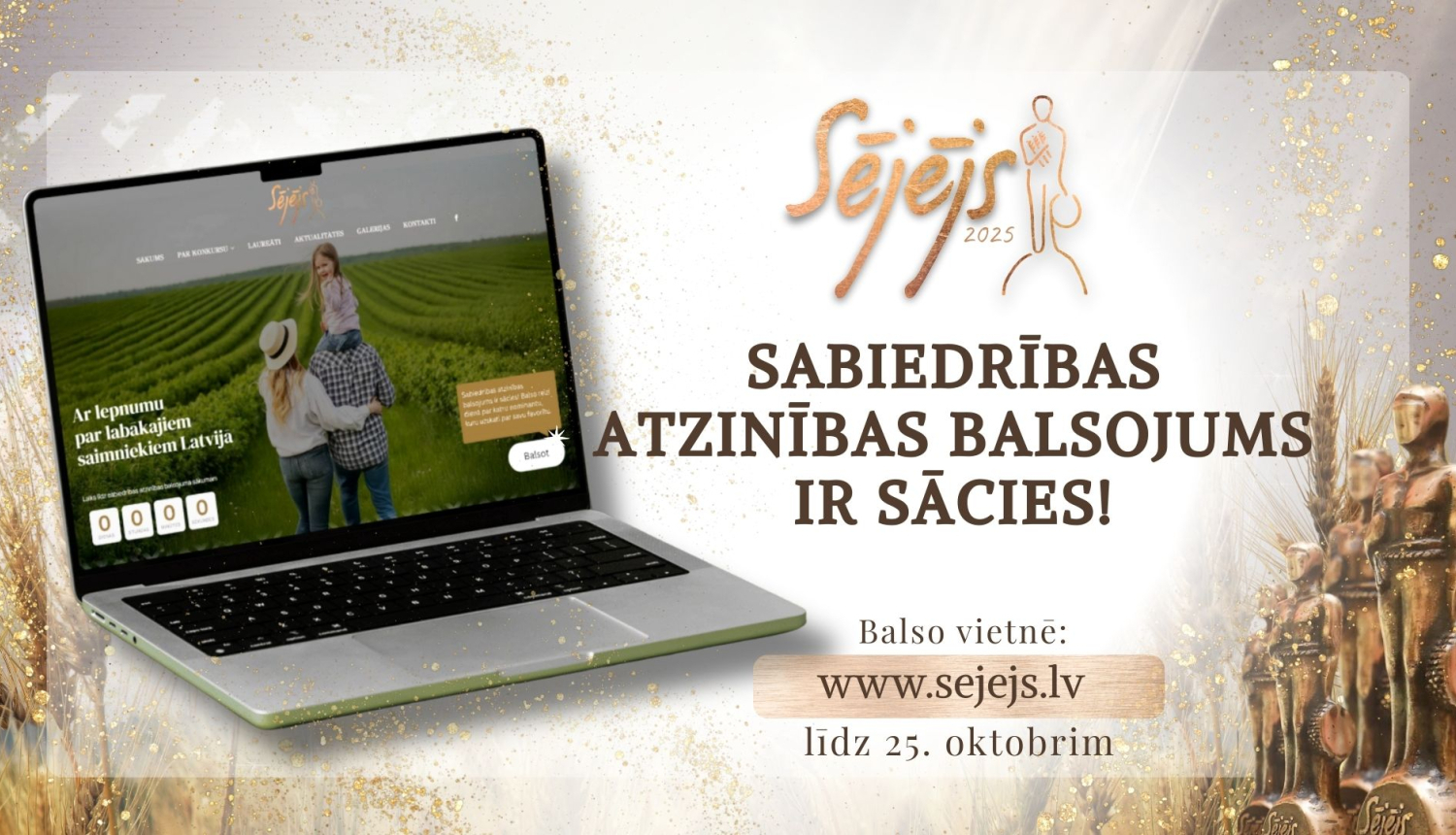 Atvērts klēpjdators. Teksts ar aicinājumu balsot. Logotips "Sējējs 2025".