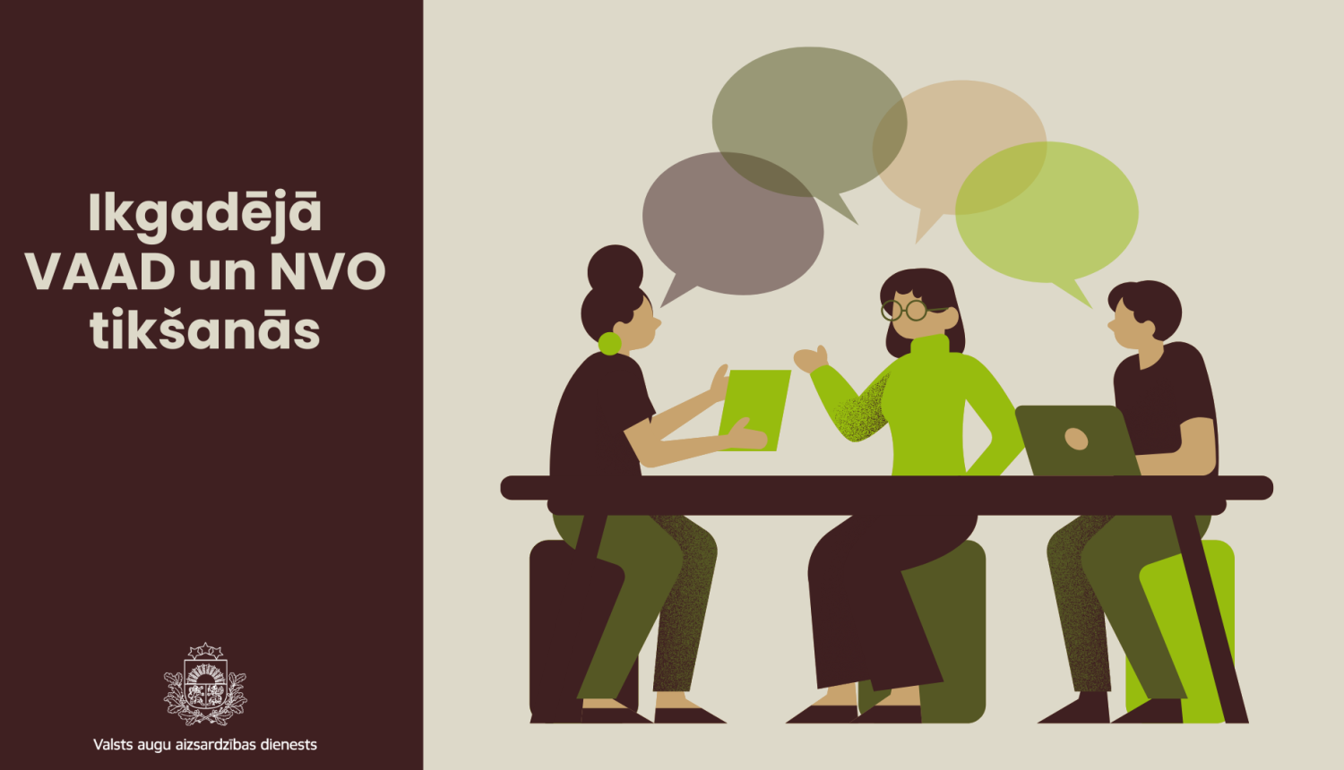 Kreisajā pusē teksts par VAAD un NVO ikgadējo tikšanos, labajā pusē zīmējums ar trīs cilvēkiem, kas pie galda apspriežas.