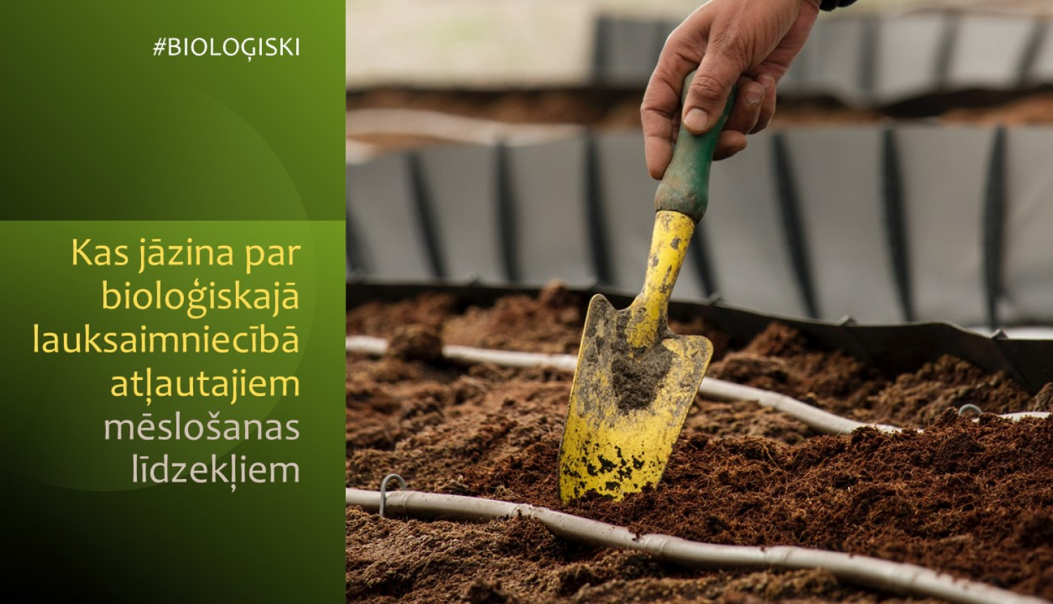 Ilustratīvs attēls (augsne un roka ar lāpstiņi) un teksts