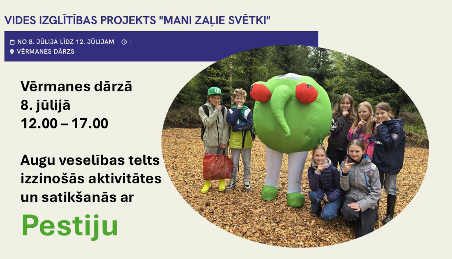Bērnu grupa ar Pestiju centrā un teksts par pasākumu