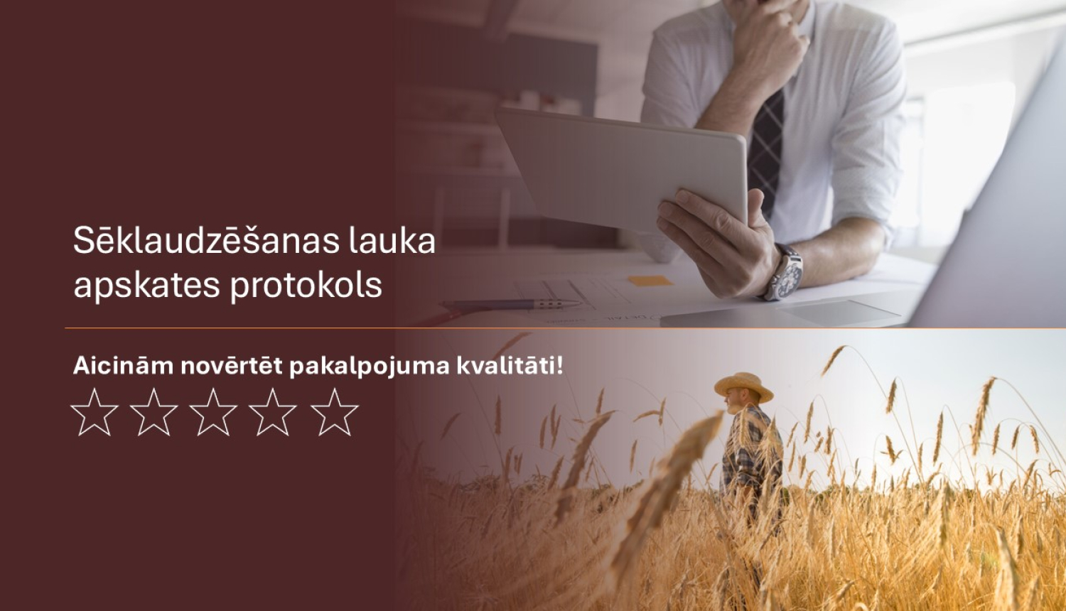 kolāža no diviem attēliem - vīrietis ar planšeti un vīrietis labības laukā