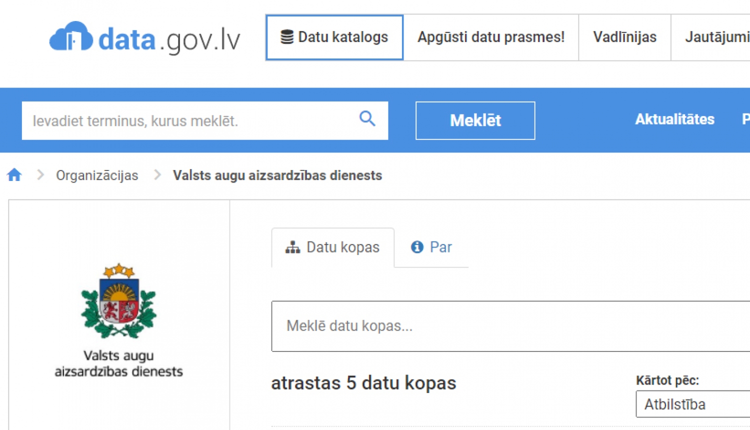 Ekrānšāviņš no Latvijas atvērto datu portāla lapas