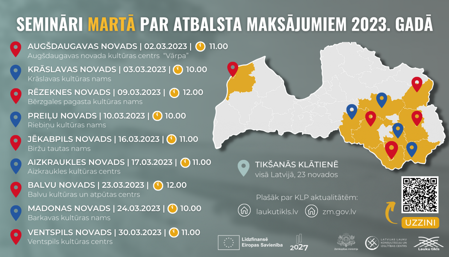 Semināru grafiks ar vietu piesaistēm uz Latvijas kartes